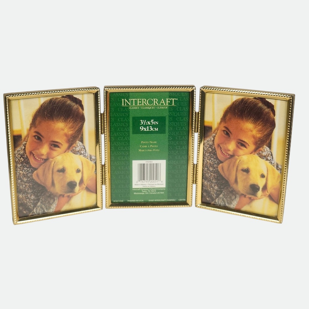 Intercraft Vintage Gold Metal Triple Folding Picture Frame 3.5x5 Triptych Beaded